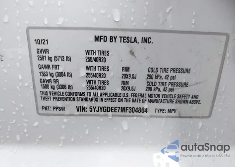 2021 Tesla Model Y Long Range Dual Motor All-Wheel Drive z USA, uszkodzony, nr VIN 5YJYGDEE7MF304864